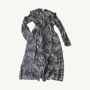 H&M Zebra Animal Print Lightweight Button-Up Frill Dress with Pockets & Belt